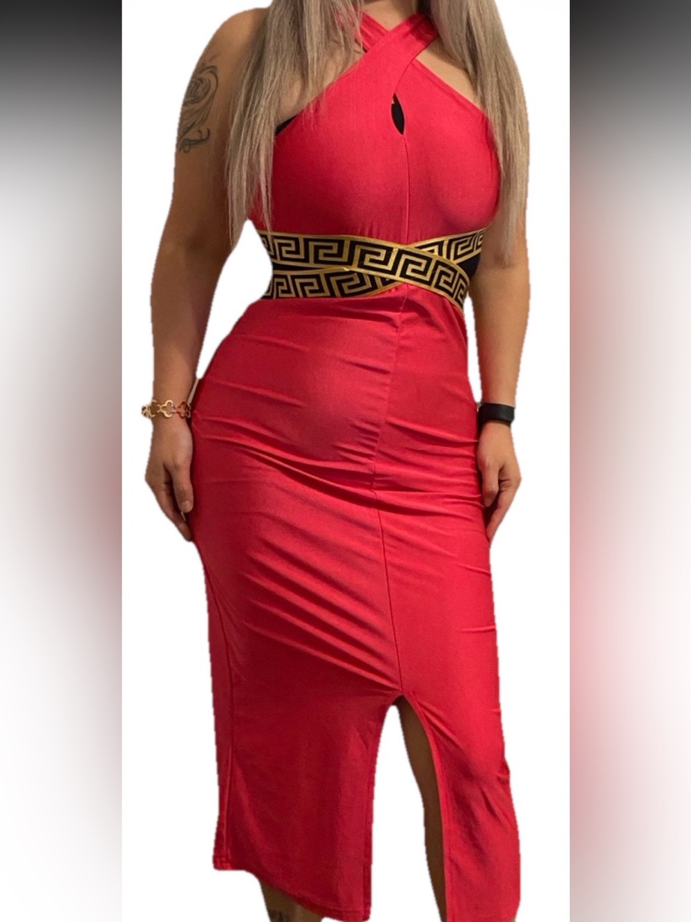 Hot Pink women’s Bodycon Dress with Gold Waist Accent
